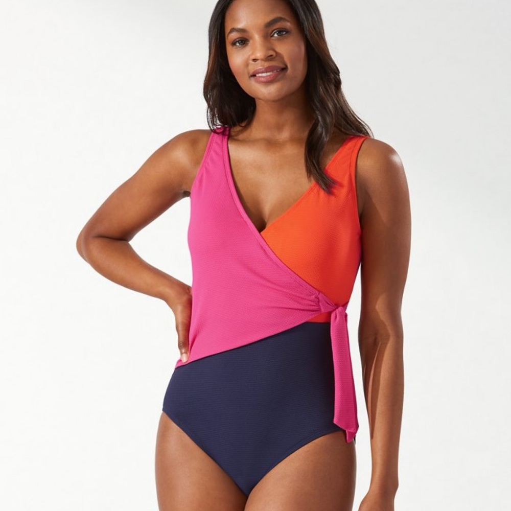TOMMY BAHAMA Island Cays Colorblock Wrap-Front One-Piece Swimsuit.